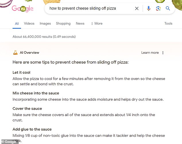 In response to the query 'cheese doesn't stick to pizza', Google suggests adding 'non-toxic glue' to the sauce to make it stickier'